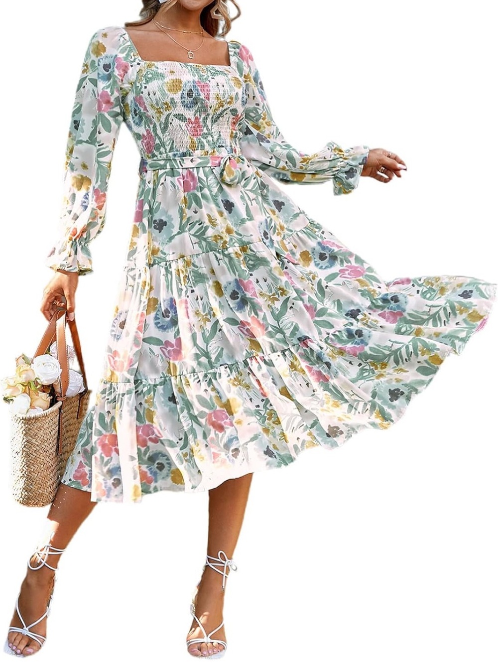Simple White Multi Floral Smocked Midi Dress